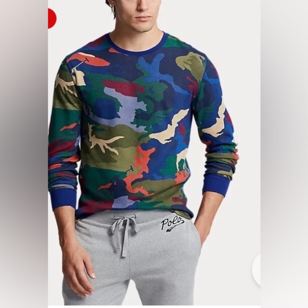 Polo Ralph Lauren multi color camo waffle knit thermal long sleeve top mens L